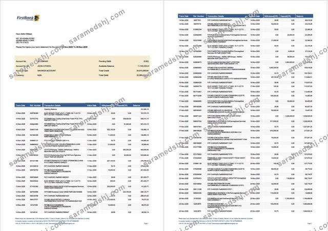 Nigeria First Bank account statement Word and PDF template, 2 pages